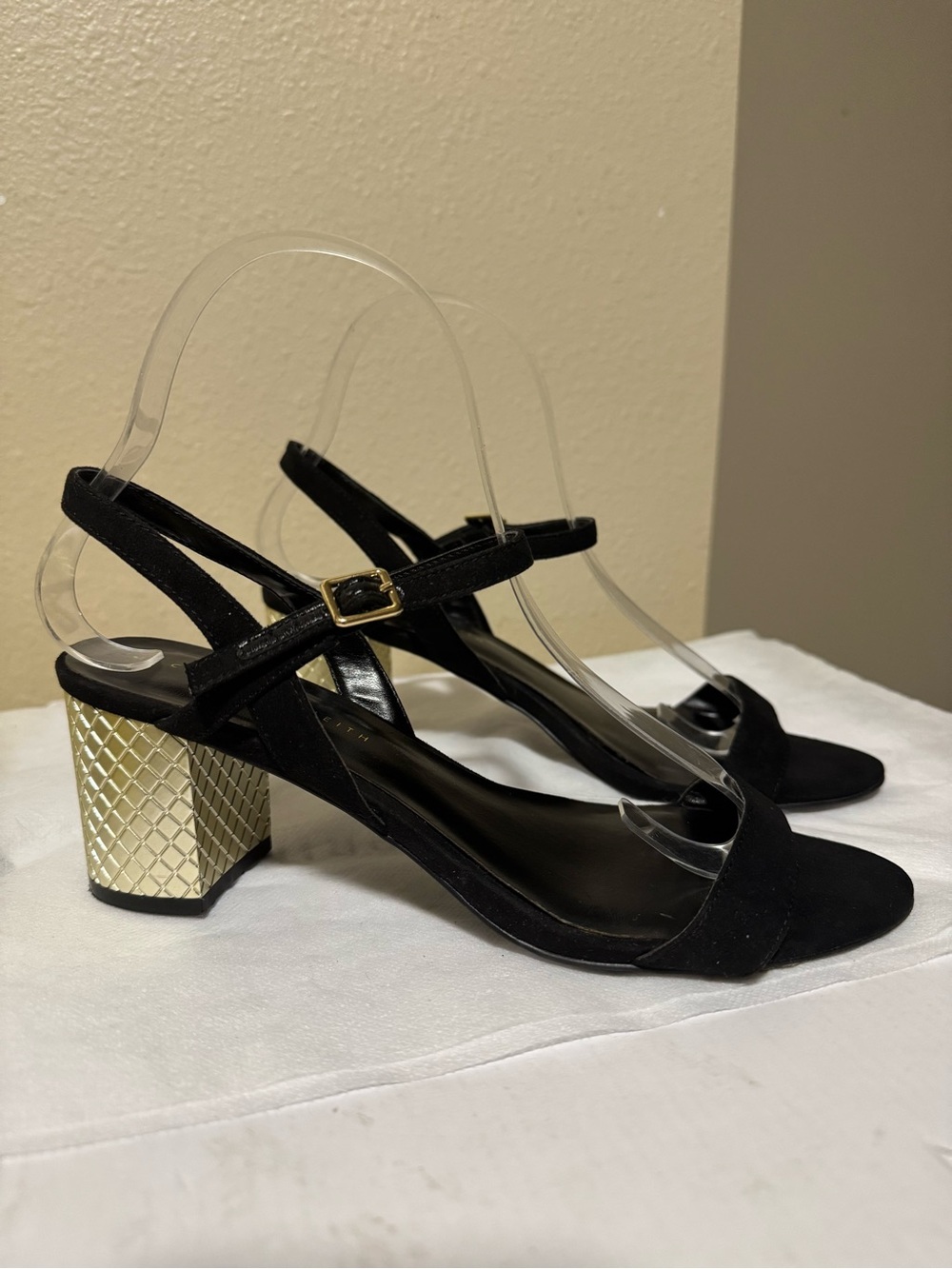 Charles & Keith Black Suede Slingback Sandals with Gold Textured Block Heel